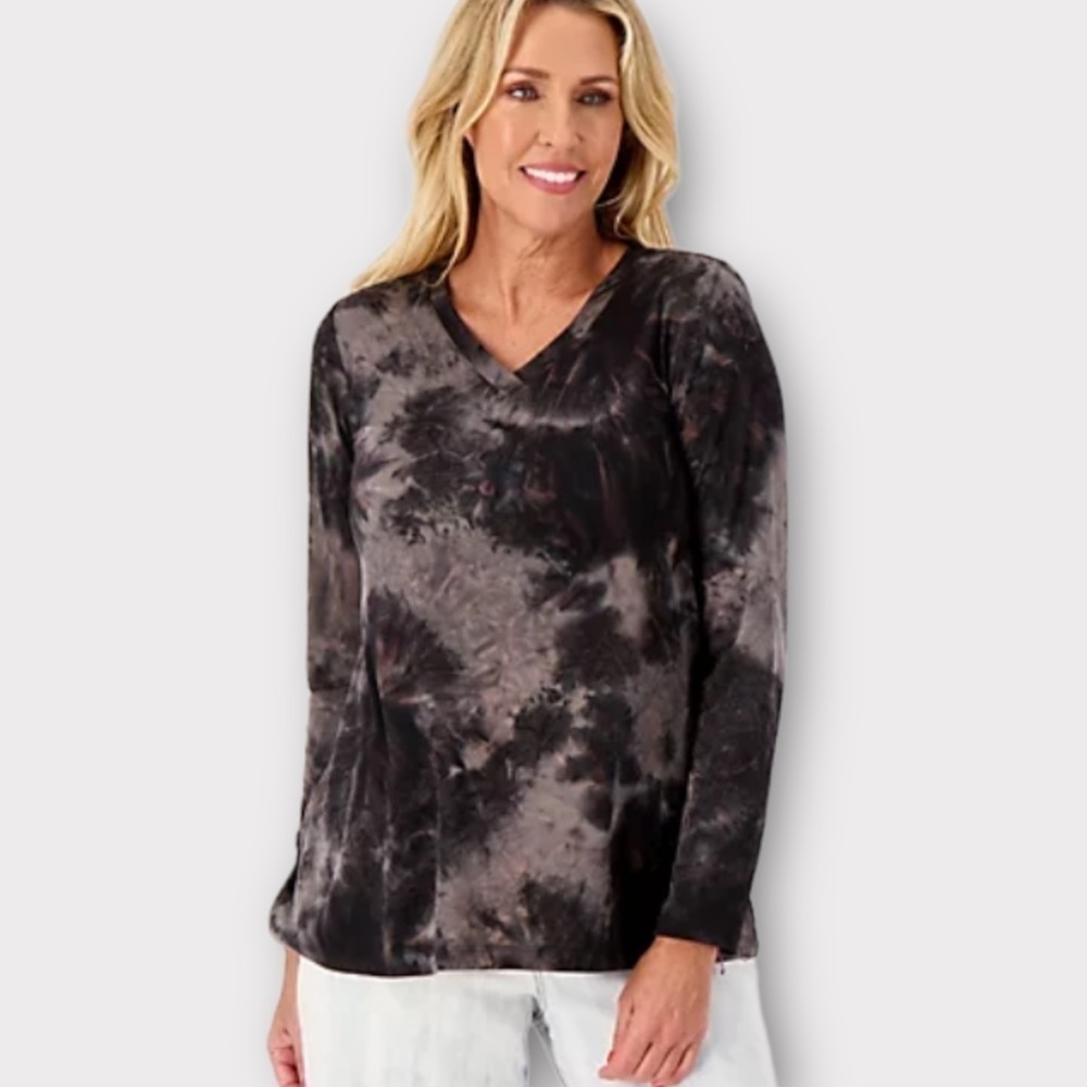 𝅺Logo Lounge by Lori Goldstein Brushed Tie-Dye V-Neck Long Sleeve Top Black New